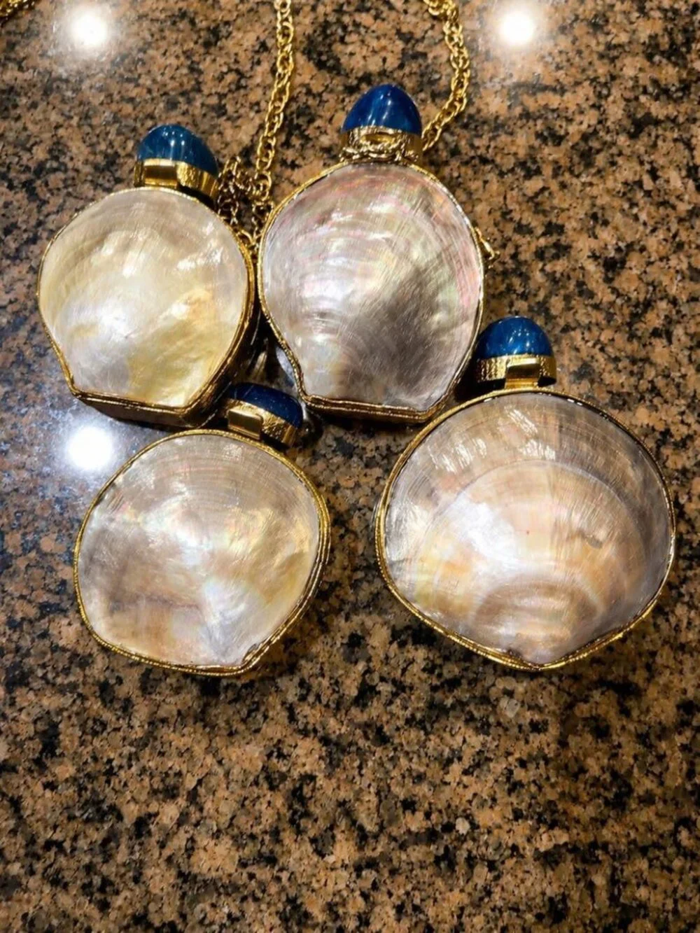 Natural Mother of Pearl Shell Mini Clutch Bag Blue Stone Gold Chain